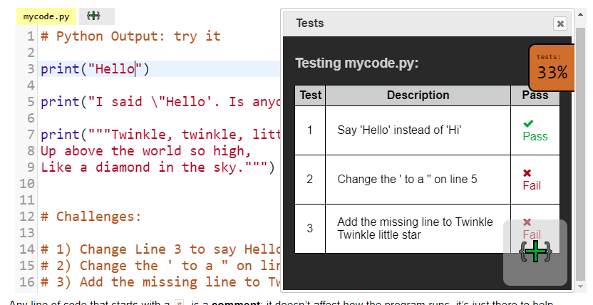 Free interactive python self marking tests