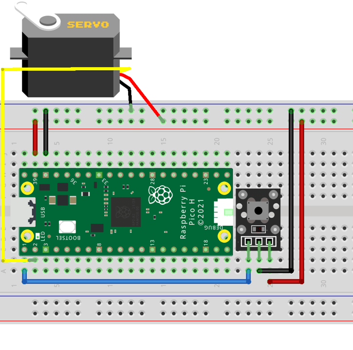 Reaction timer breadboard circuit with raspberry pi pico, switch and servo